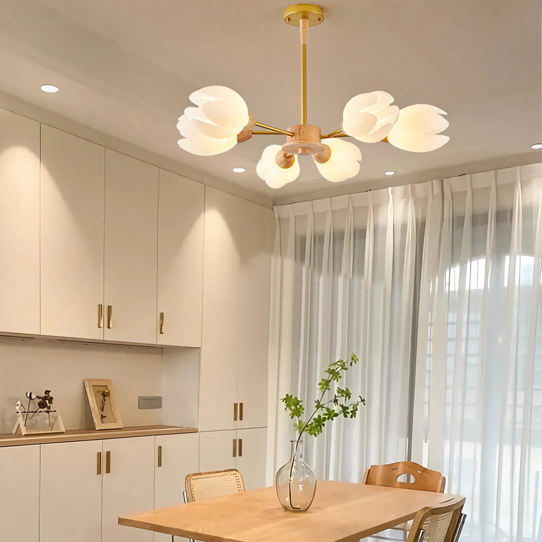 Chandelier moderne de forme florale en bois moulé rotatif de style mi-siècle avec 6/9/12 lumières pour chambre à coucher 
