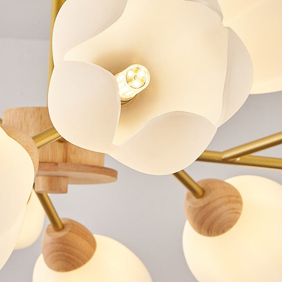 Chandelier moderne de forme florale en bois moulé rotatif de style mi-siècle avec 6/9/12 lumières pour chambre à coucher 