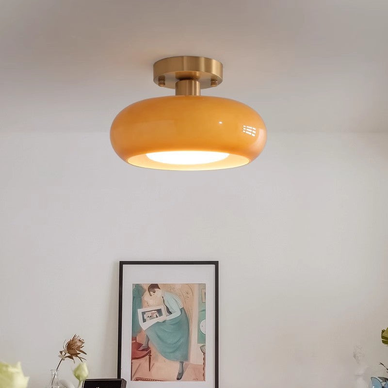 Luz de techo semiempotrada de 1 luz de hierro y vidrio ovalado redondo crema escandinavo contemporáneo para dormitorio 