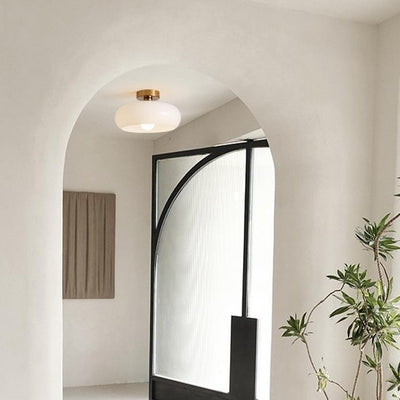 Luz de techo semiempotrada de 1 luz de hierro y vidrio ovalado redondo crema escandinavo contemporáneo para dormitorio 