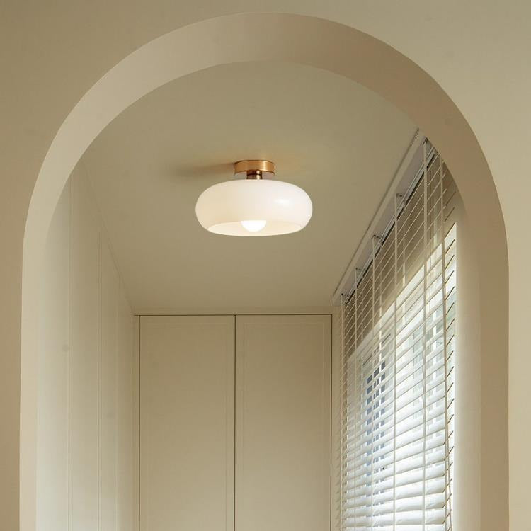 Luz de techo semiempotrada de 1 luz de hierro y vidrio ovalado redondo crema escandinavo contemporáneo para dormitorio 