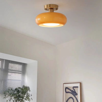 Luz de techo semiempotrada de 1 luz de hierro y vidrio ovalado redondo crema escandinavo contemporáneo para dormitorio 