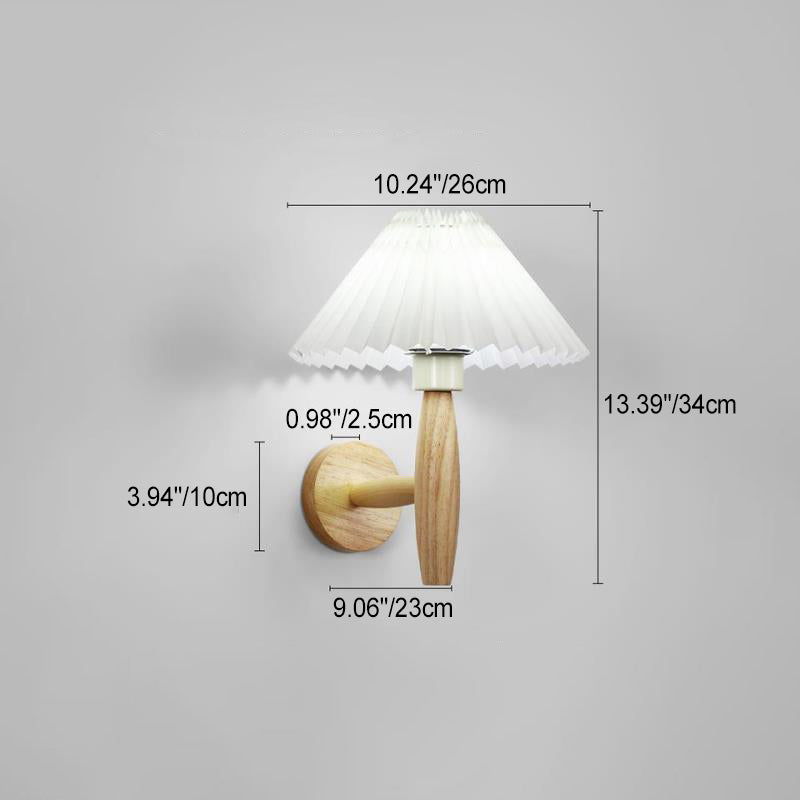 Applique murale contemporaine nordique cylindrique ronde en tissu plissé avec bois 1 lumière pour chambre à coucher 
