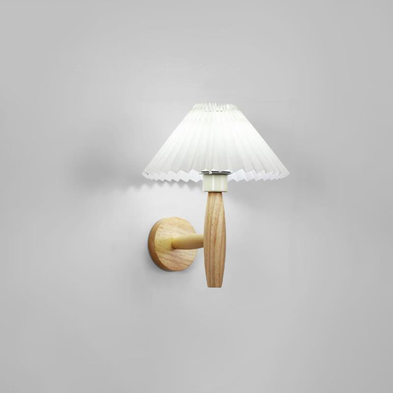 Applique murale contemporaine nordique cylindrique ronde en tissu plissé avec bois 1 lumière pour chambre à coucher 