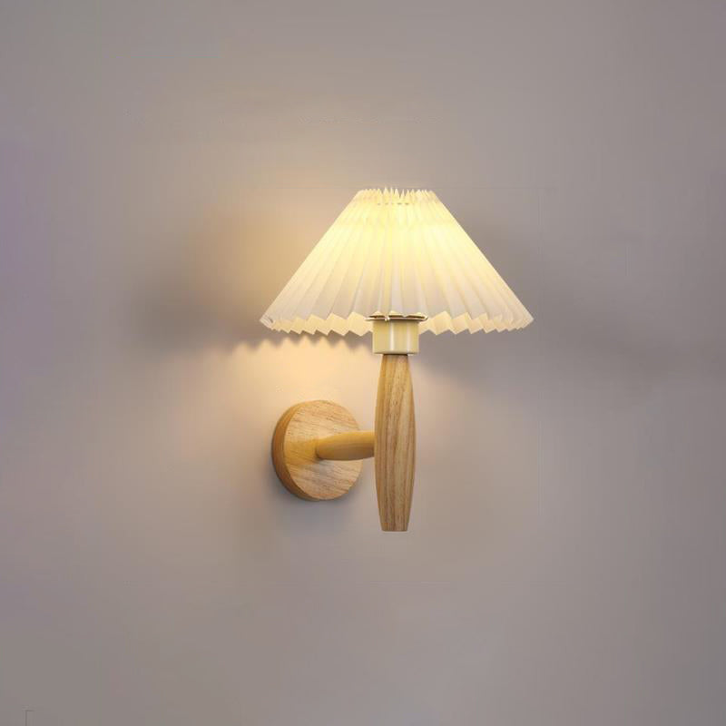 Applique murale contemporaine nordique cylindrique ronde en tissu plissé avec bois 1 lumière pour chambre à coucher 