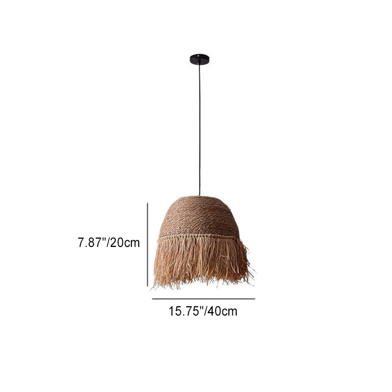 Lámpara colgante de 1 luz de hierro rústico tradicional con cúpula redonda de ratán para sala de estar 
