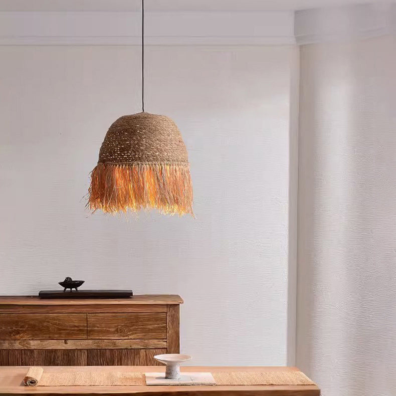 Lámpara colgante de 1 luz de hierro rústico tradicional con cúpula redonda de ratán para sala de estar 