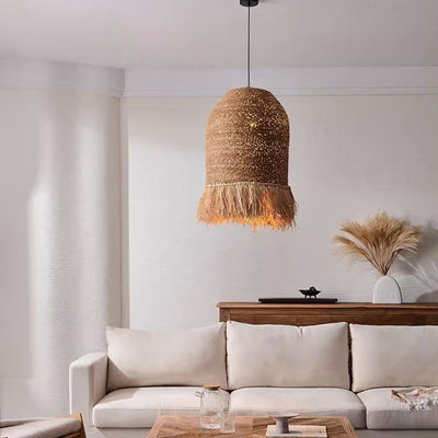 Lámpara colgante de 1 luz de hierro rústico tradicional con cúpula redonda de ratán para sala de estar 