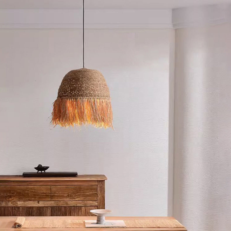 Lámpara colgante de 1 luz de hierro rústico tradicional con cúpula redonda de ratán para sala de estar 