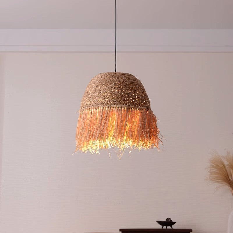 Lámpara colgante de 1 luz de hierro rústico tradicional con cúpula redonda de ratán para sala de estar 