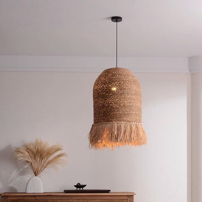 Lámpara colgante de 1 luz de hierro rústico tradicional con cúpula redonda de ratán para sala de estar 