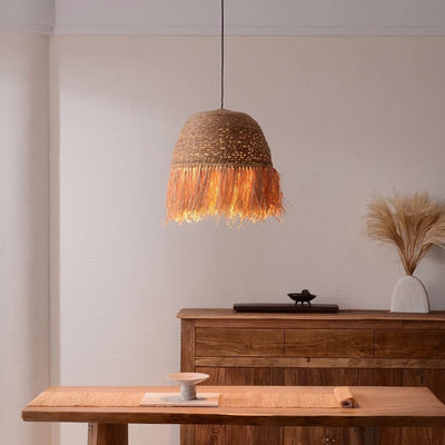 Lámpara colgante de 1 luz de hierro rústico tradicional con cúpula redonda de ratán para sala de estar 