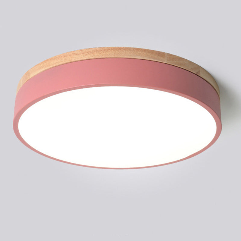 Modern Simplicity Round Wood Iron Acrylic LED Flush Mount Ceiling Light For Bedroom