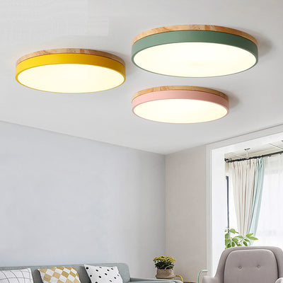 Modern Simplicity Round Wood Iron Acrylic LED Flush Mount Ceiling Light For Bedroom