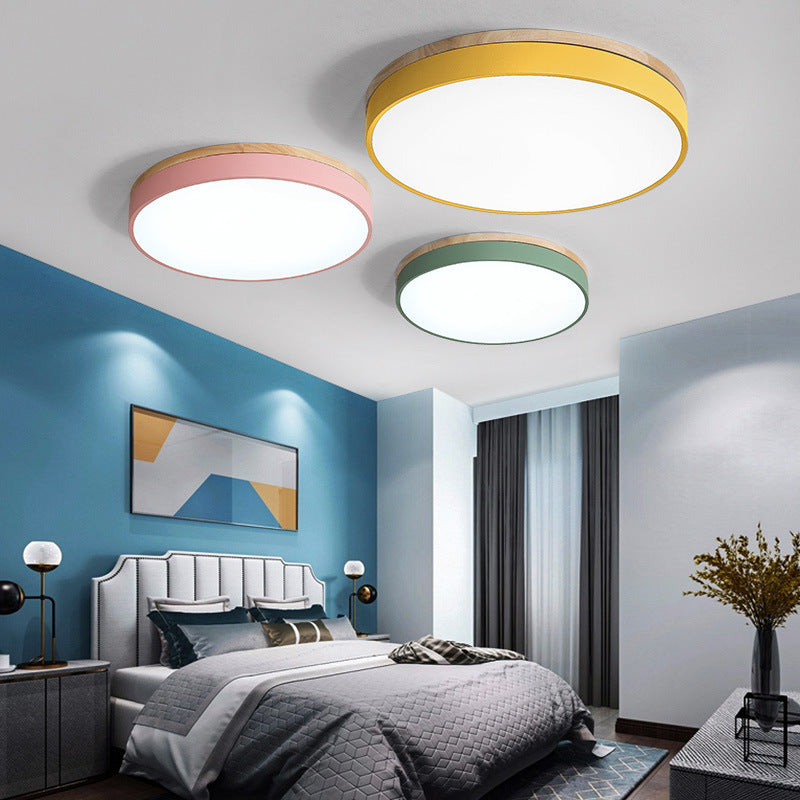 Modern Simplicity Round Wood Iron Acrylic LED Flush Mount Ceiling Light For Bedroom