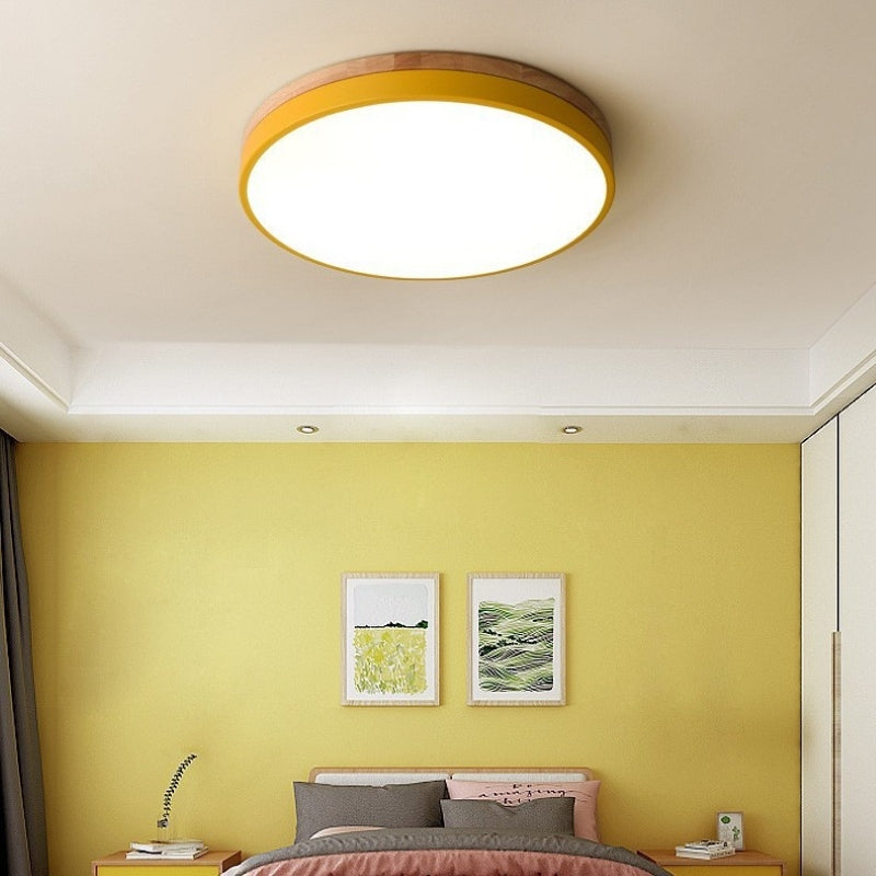 Modern Simplicity Round Wood Iron Acrylic LED Flush Mount Ceiling Light For Bedroom
