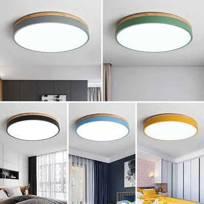 Modern Simplicity Round Wood Iron Acrylic LED Flush Mount Ceiling Light For Bedroom