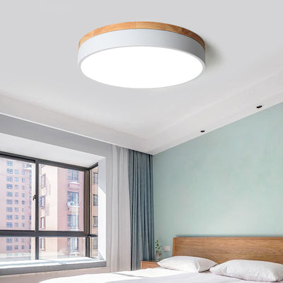 Modern Simplicity Round Wood Iron Acrylic LED Flush Mount Ceiling Light For Bedroom