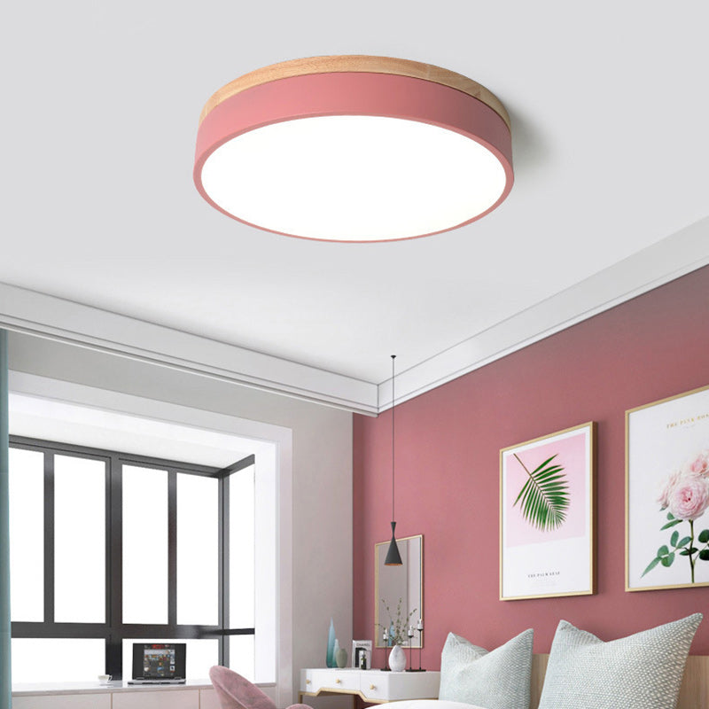 Modern Simplicity Round Wood Iron Acrylic LED Flush Mount Ceiling Light For Bedroom