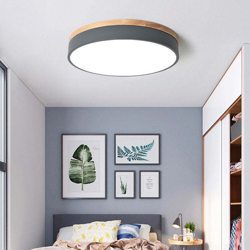 Modern Simplicity Round Wood Iron Acrylic LED Flush Mount Ceiling Light For Bedroom