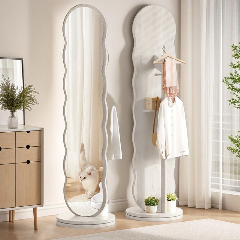 Moderner minimalistischer ovaler, runder, wellenförmiger, rotierbarer Ganzkörperspiegel aus mitteldichter Faserplatte und Glas mit 2 Ebenen für das Schlafzimmer 