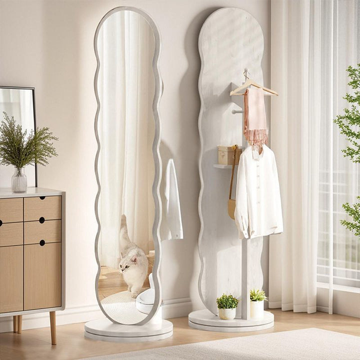 Moderner minimalistischer ovaler, runder, wellenförmiger, rotierbarer Ganzkörperspiegel aus mitteldichter Faserplatte und Glas mit 2 Ebenen für das Schlafzimmer 