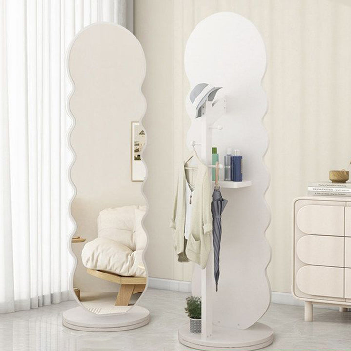 Moderner minimalistischer ovaler, runder, wellenförmiger, rotierbarer Ganzkörperspiegel aus mitteldichter Faserplatte und Glas mit 2 Ebenen für das Schlafzimmer 