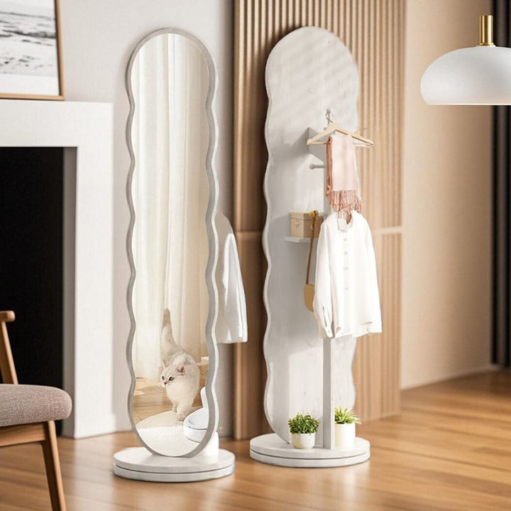 Moderner minimalistischer ovaler, runder, wellenförmiger, rotierbarer Ganzkörperspiegel aus mitteldichter Faserplatte und Glas mit 2 Ebenen für das Schlafzimmer 