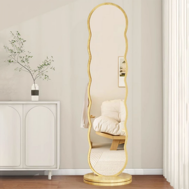 Moderner minimalistischer ovaler, runder, wellenförmiger, rotierbarer Ganzkörperspiegel aus mitteldichter Faserplatte und Glas mit 2 Ebenen für das Schlafzimmer 