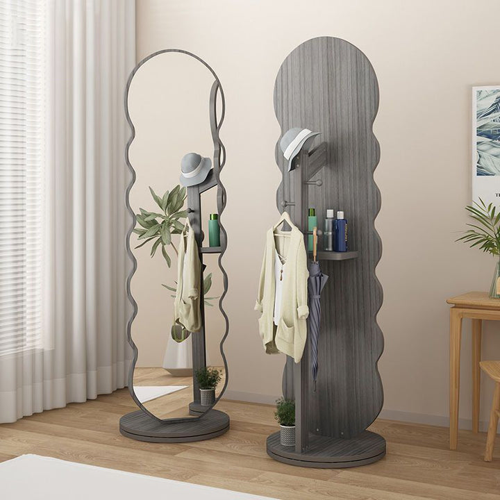 Moderner minimalistischer ovaler, runder, wellenförmiger, rotierbarer Ganzkörperspiegel aus mitteldichter Faserplatte und Glas mit 2 Ebenen für das Schlafzimmer 