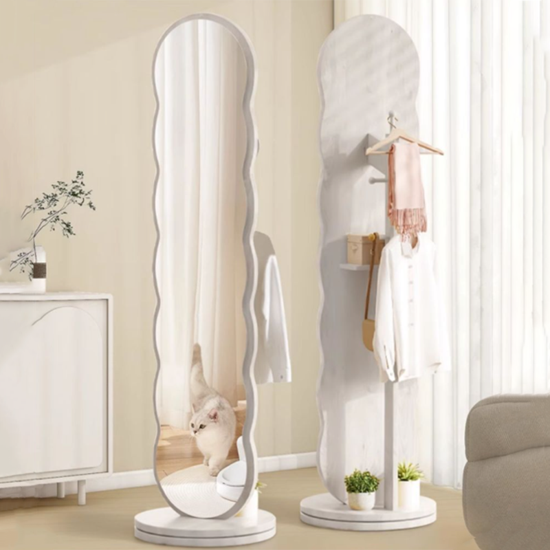 Moderner minimalistischer ovaler, runder, wellenförmiger, rotierbarer Ganzkörperspiegel aus mitteldichter Faserplatte und Glas mit 2 Ebenen für das Schlafzimmer 