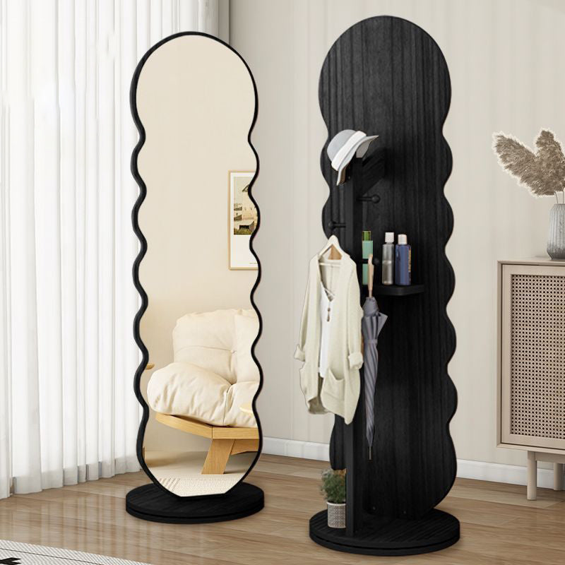 Moderner minimalistischer ovaler, runder, wellenförmiger, rotierbarer Ganzkörperspiegel aus mitteldichter Faserplatte und Glas mit 2 Ebenen für das Schlafzimmer 