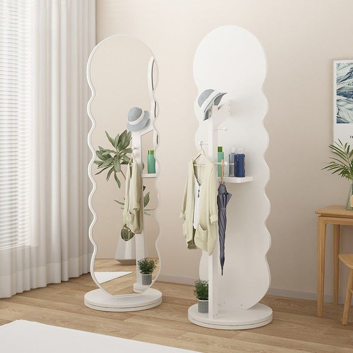 Moderner minimalistischer ovaler, runder, wellenförmiger, rotierbarer Ganzkörperspiegel aus mitteldichter Faserplatte und Glas mit 2 Ebenen für das Schlafzimmer 