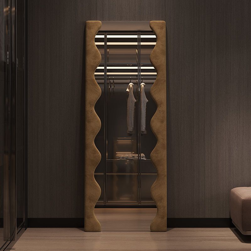 Modern Minimalist Rectangular Wave-Edge Design Medium Density Fiberboard Velvet Glass Wall Mirror Leaning Full-Length Floor Mirror For Bedroom