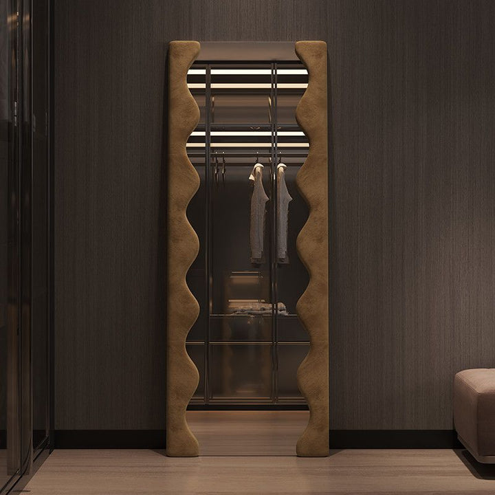 Modern Minimalist Rectangular Wave-Edge Design Medium Density Fiberboard Velvet Glass Wall Mirror Leaning Full-Length Floor Mirror For Bedroom