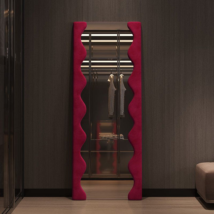 Modern Minimalist Rectangular Wave-Edge Design Medium Density Fiberboard Velvet Glass Wall Mirror Leaning Full-Length Floor Mirror For Bedroom
