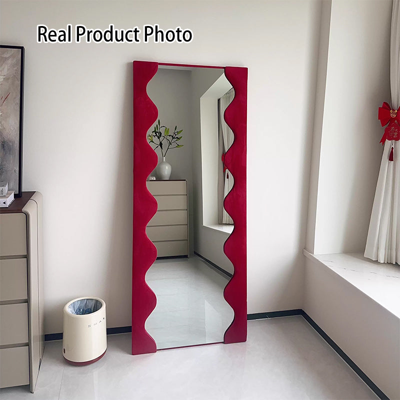 Modern Minimalist Rectangular Wave-Edge Design Medium Density Fiberboard Velvet Glass Wall Mirror Leaning Full-Length Floor Mirror For Bedroom