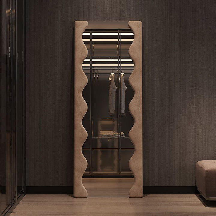 Modern Minimalist Rectangular Wave-Edge Design Medium Density Fiberboard Velvet Glass Wall Mirror Leaning Full-Length Floor Mirror For Bedroom