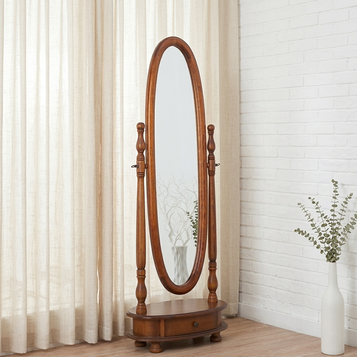 Traditioneller, vintage Oval-förmiger, karbonisierter Pappelholz-, Paulownia-Holz-, mitteldichte Faserplatte- und Glas-Drehbarer Ganzkörperspiegel für den Boden mit 1 Schublade für das Schlafzimmer 