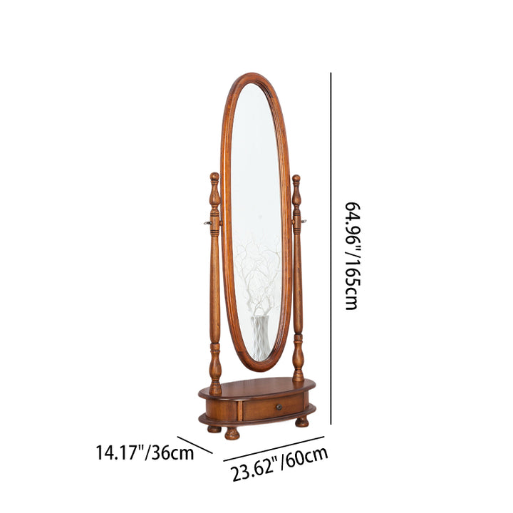 Traditioneller, vintage Oval-förmiger, karbonisierter Pappelholz-, Paulownia-Holz-, mitteldichte Faserplatte- und Glas-Drehbarer Ganzkörperspiegel für den Boden mit 1 Schublade für das Schlafzimmer 