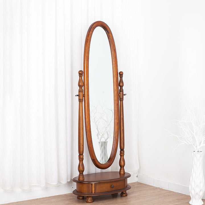 Traditioneller, vintage Oval-förmiger, karbonisierter Pappelholz-, Paulownia-Holz-, mitteldichte Faserplatte- und Glas-Drehbarer Ganzkörperspiegel für den Boden mit 1 Schublade für das Schlafzimmer 
