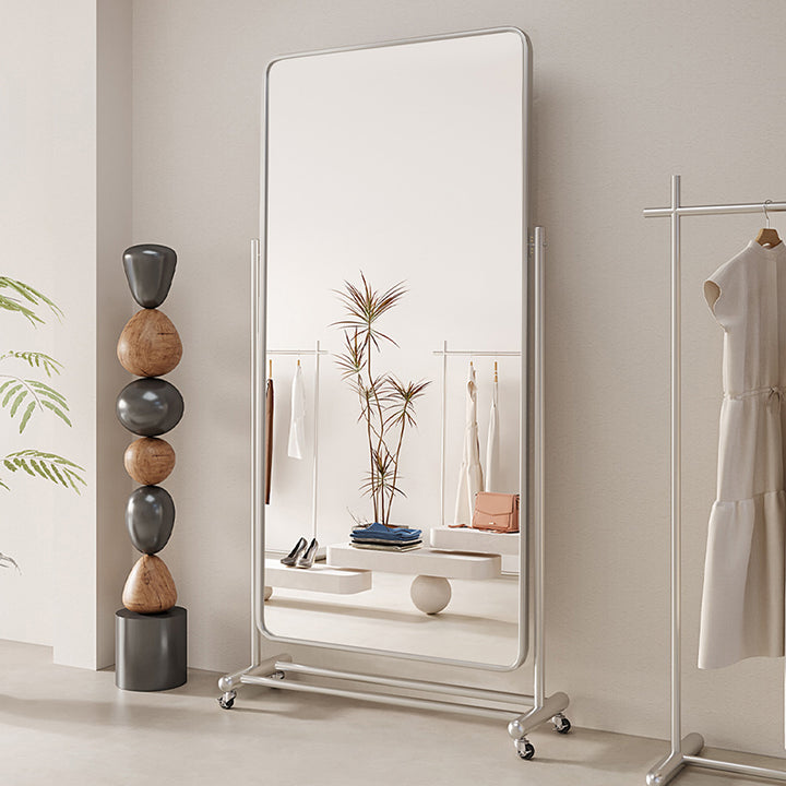 Miroir de sol mobile pleine longueur rectangulaire en acier inoxydable et verre au design moderne minimaliste pour salon 