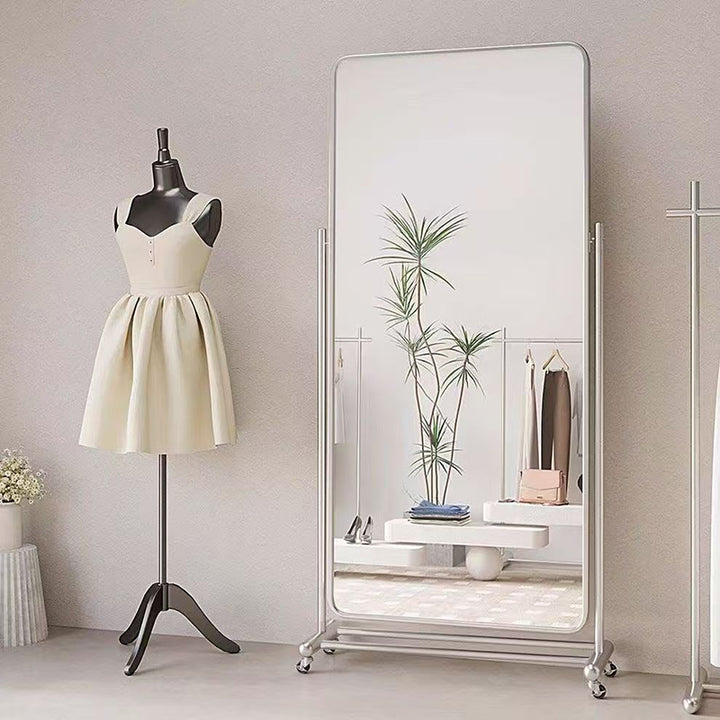 Miroir de sol mobile pleine longueur rectangulaire en acier inoxydable et verre au design moderne minimaliste pour salon 