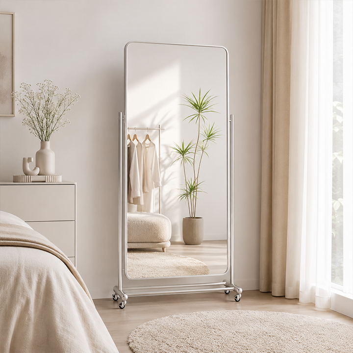 Modern Minimalist Rectangular Stainless Steel Glass Mobile Full-Length Floor Mirror For Living Room