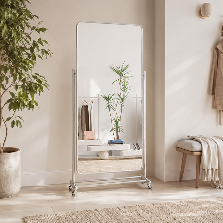 Miroir de sol mobile pleine longueur rectangulaire en acier inoxydable et verre au design moderne minimaliste pour salon 