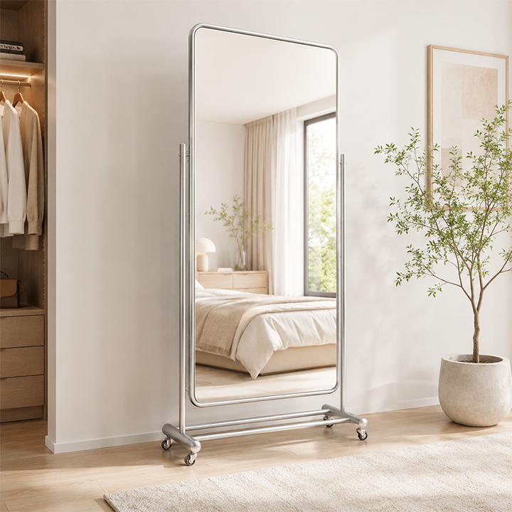 Modern Minimalist Rectangular Stainless Steel Glass Mobile Full-Length Floor Mirror For Living Room