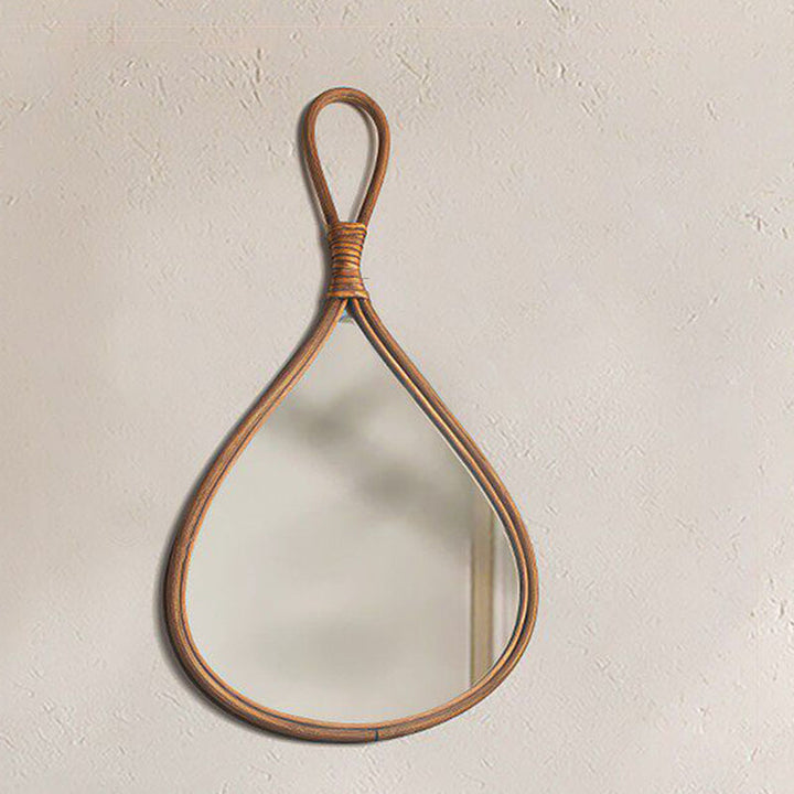 Traditional Chinese Round Teardrop-Shaped Natural Rattan Medium Density Fiberboard Glass Wall Mirror Hanging Mirror For Bedroom