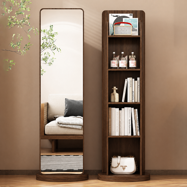 Traditional Vintage Rectangular Solid Wood Eco Panel Tempered Glass Rotatable Full-Length Mirror With 5-Tier Storage Shelf For Entryways