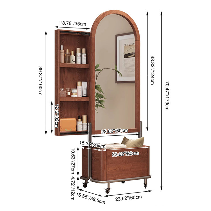 Traditional Vintage 3-in-1 Arched Full Length Mirror: Ash Wood Storage Cabinet & Basket - Freestanding Rolling Arched Floor Mirror Organizer For Bedroom