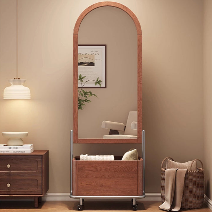 Traditional Vintage 3-in-1 Arched Full Length Mirror: Ash Wood Storage Cabinet & Basket - Freestanding Rolling Arched Floor Mirror Organizer For Bedroom